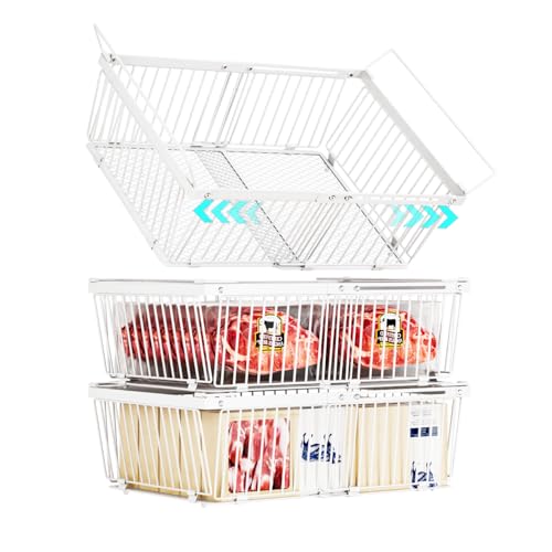 ANJUBAN Large Freezer Organizer Bins，Upgraded Bottom Leak-Proof net，3 Pack， Expandable Stackable Chest Freezer Containers with Handle，for Fridge, Deep Freezer, Cabinet, Kitchen, Pantry (White-3Pack)