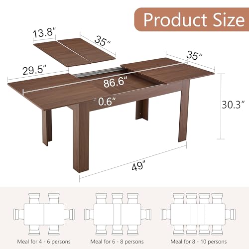 Image of 59 inch-86.6 inch Extendable Dining Table for 4 6 8 10, Modern Wooden Expandable Kitchen Table with 2 Drop Leaves, Space-Saving Rectangular Extending Dinner Table for Kitchen, Dining Room, Living Room, Walnut
