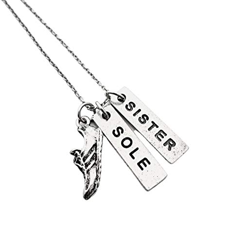 RUN SOLE SISTER Pewter Necklace - Pewter Running Shoe Charm with 2 Rectangle Pewter SOLE and SISTER Pendants on 18 inch Stainless Steel