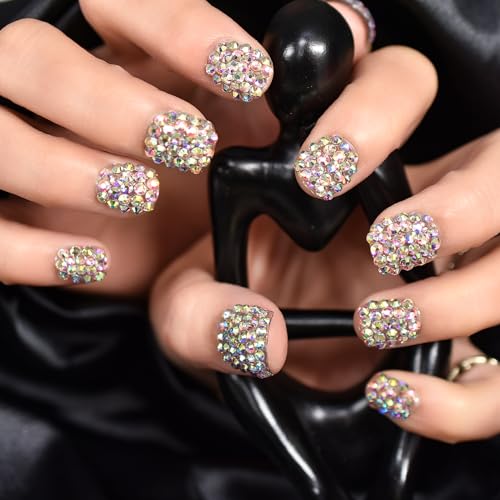 Elevenail 24pcs Handmade 3D Rhinestones Press On Nails Square Short Nails Women Girls Gifts Salon Manicure Shiny Crystal Nail Art Tips Fake Nails Reusable Acrylic False Nails
