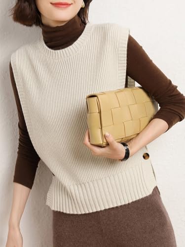 Image of Women's Sweater Vest Casual Round Neck Sleeveless Pullover Knit High Low Hem Side Button Ribbed Vest Top