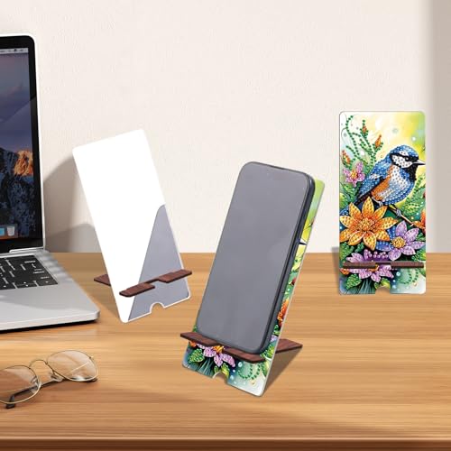 Image of Flower and Bird Diamond Painting Phone Stand with Mirror, DIY Wooden Diamond Art Desktop Holder, 2-in-1 Diamond Painting Tabletop Ornament - Phone Stand and Mirror for Home and Office