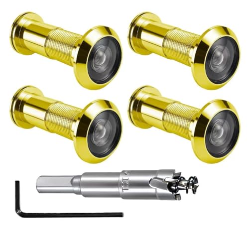 YQLHprom Peep Hole for Front Door, 200 Degree Wide Angle Door Viewer Peephole with Drill Bit Hole Saw & Wrench, Adjustable Zinc Alloy Gold Security Hardware Kit (4 Viewers + 2 Tools)