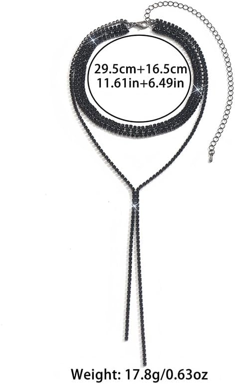 Long Rhinestone Lariat Necklace Silver Black Statement Bling Sparkly Cz Tennis Chain Choker Layered Faux Diamond Y Necklaces Prom Jewelry for Women (Black) - Image 2