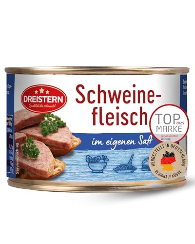 DREISTERN Schweinefleisch im eigenen Saft 400g I Mit Schweineschwarte I Herzhafte Spezialität in recyclebarer Konservendose I Lange Haltbarkeit dank natürlicher Konservierung I Hausmacher Qualität