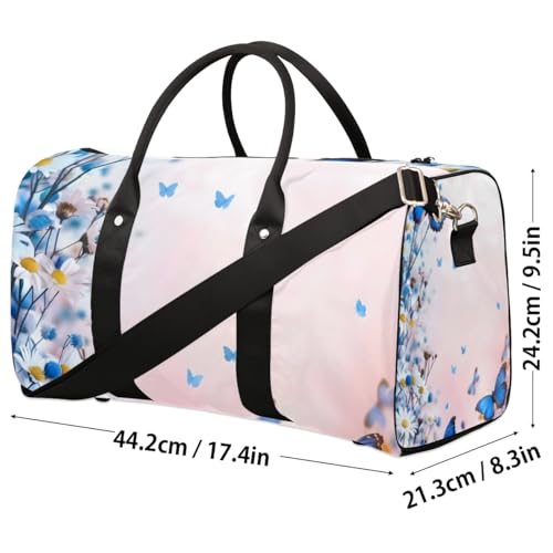 Travel Duffel Bag, Spring Blue Butterfly Flower Floral Sports Tote Gym Bag Foldable Western Aztec Weekender Bag Carry on Luggage Handle Bag Overnight Shoulder Bag for Women Men,A-3004