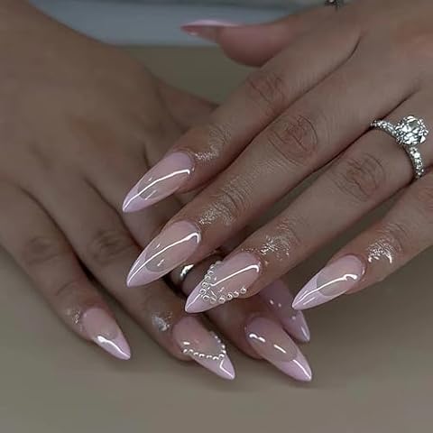 Mkwntg Pink French Tip Press on Nails Medium Almond Fake Nails Glossy Glue on Nails Stiletto Acrylic Nails with Pearls Design Cute Nude Pink Coffin False Nails for Women Girls Nail Decoration 24Pcs Cover