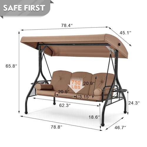 Image of HOMREST 3 Seat Outdoor Porch Swing with Adjustable Canopy, Convertible Patio Swing Bed with Stand, Patio Glider Swing with Upgraded Cup Holder, Thicken Cushions ＆ Pillow for Backyard(Brown)