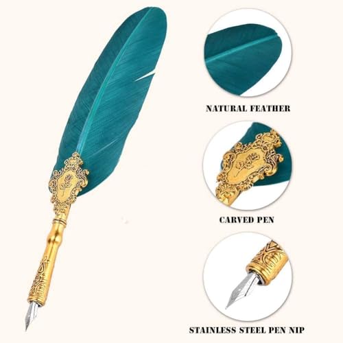 Image of UCRAVO Vintage Carving Feather Pen Set, Glittering Quill Set Antique Calligraphy Writing Dip with Ink, 2 Replacement Nibs, Stand Base, Luxury Signature