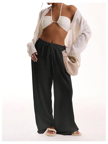 Image of RoseSeek Womens Linen Pants Wide Leg Loose Cotton Swimsuit Coverups Summer Pants Beach Vacation Outfits Black M