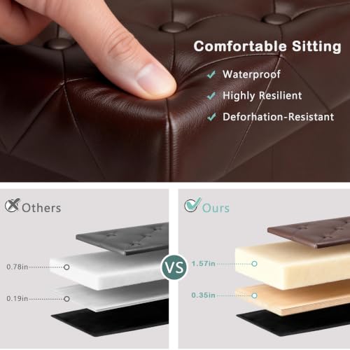 Image of CAROLMADE Folding Storage Ottoman Cube PU Leather Footstool with Wood Legs Ottoman Footrest for Living Room and Bedroom Brown, 15x12.6 x 15.4 inch