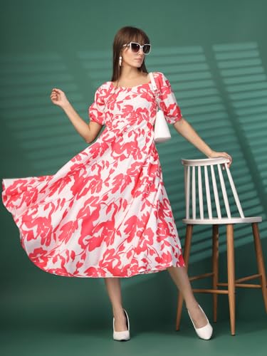 Image of OOMPH! Below Knee Shift Pink Dress in Crepe Fabric with Round Neck and Puff Sleeves - md619l