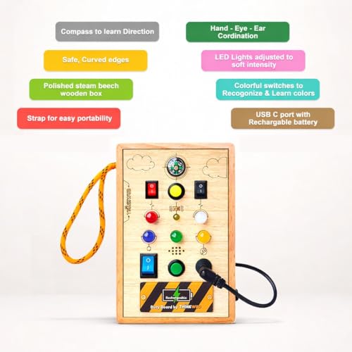 Image of Interactive Plug-in (Rechargeable), Montessori Busy Board for Toddlers 1-6 Years, Sensory Toy with Lights & Switches, Fine Motor Skills, Hand Eye Coordination, Screen-Free Travel Toy, BIS Certified