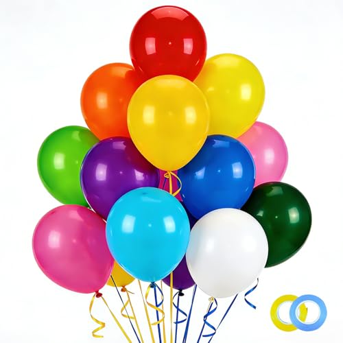 100 Stück Latex Ballons 30cm Mehrfarbig (10 Farben) Party Dekoration Set für Geburtstag Hochzeit Babyparty mit Kringelband und Klebepunkten
