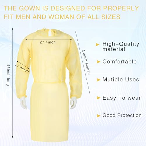 Xuhal 40 Pack Disposable Isolation Gowns PPE Gowns Disposable Bulk Fully Closed Double Tie Back Elastic Cuffs for Home Isolation, Labs, Dental, Beauty Agencies, Tattoo Practices, Unisex (Yellow) - Thumbnail 2