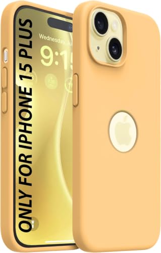 Image of Elzzi Microfiber Logo Cut Cover Compatible for iPhone 15 Plus Case Liquid Silicone Cases Full Body 4 Layer Protective Covers Shockproof Back Cover with High Raised Camera Lips (6.7 Inch, Gold)