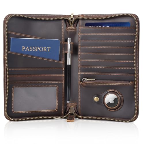 Polare Full Grain Leather Travel Passport Holder RFID Blocking Cover Case Travel Document Organizer Wallet Holders 2 Passports With YKK Zipper (Dark Brown with AirTag Slot)
