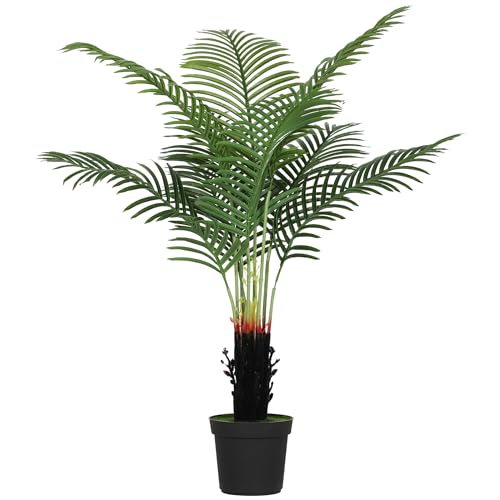HOMCOM 120cm Artificial Areca Palm Tree with 9 PE Leaves, Decorative Artificial Plant with Plastic Pot and Flocked Soil, Fake Plant for Home Office Decor, Green