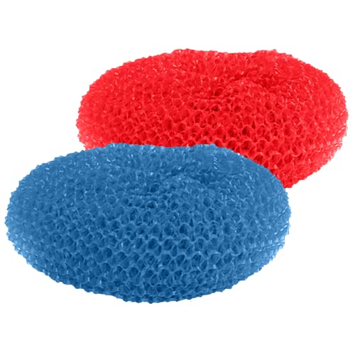 LOLA Plastic Mesh Scouring Pads - 2 Pack, 3.375 x 1.25, Non-Scratch Dish Scrubbers to Clean, Assorted & Random Colors, Red, Blue or Yellow