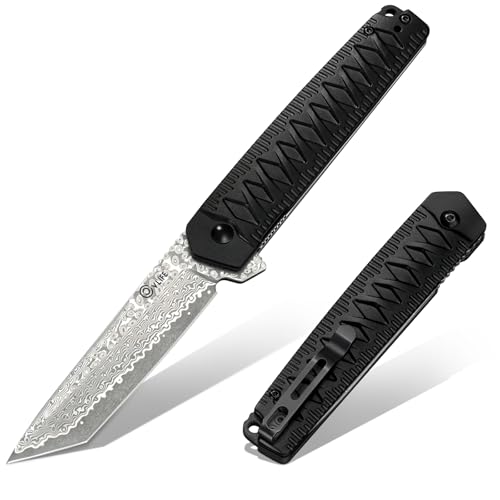 CVLIFE Damascus Pocket Knife with Clip, Tanto Sharp Camping Knives, Black
