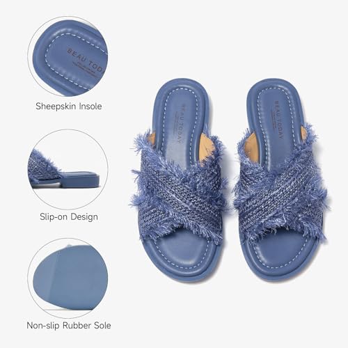 Image of BEAU TODAY Flat Sandals for Women,Women's Leather Sandals with 2 Strap,Peep Toe Summer Strap Sandals for Women,Open Toe Buckle Comfortable Dress Sandals Shoes for Women
