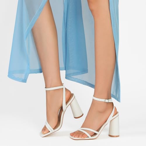 Image of RIBONGZ Block Heels Prom Heeled Sandals for Women Chunky Square Open Toe Strappy High Heels Ankle Strap Wedding Bridal Shoes High Heel Sandals for Party Dress