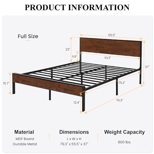 Image of SHA CERLIN Full Bed Frame with Headboard, Under-Bed Storage, Solid Metal Construction, No Box Spring Needed, Saddle Brown