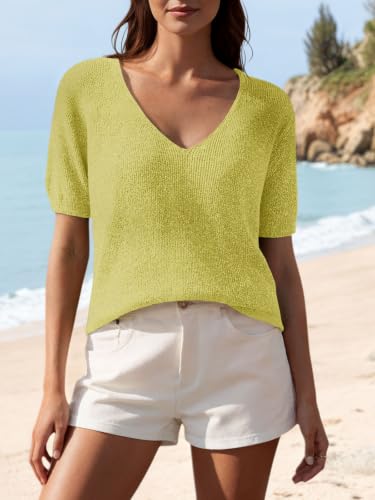 Image of Saodimallsu Womens Short Sleeve Sweater Summer V Neck Casual Tops Lightweight Loose Knit Pullover Shirts