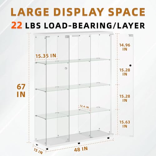 Glass Display Cabinet 12 Shelves with 2 Doors,Middle Open Display, Locking,LED Push Lights with Remote Control,4mm Tempered Glass Floor-to-Ceiling Glass Bookcase for Bedroom, Living Room,White