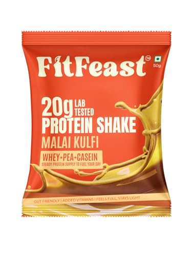Image of FitFeast Protein Shake Sachet - Pack of 7 | 20g Triple Blend Protein Per Serve| 45:35:20 Whey, Pea & Casein Blend | No Maltodextrin | 0 Added Sugar | As Seen on Shark Tank (Malai Kulfi)