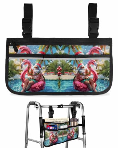 Anzona Christmas Santa Wheelchair Side Bag Walker Bag, Coastal Palm Tree Inflatable Flamingo Wheelchair Accessories Armrest Pouch, Organizer Storage Bag for Walkers, Rollators, Scooters, 7.3''x13''