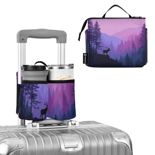 Image of Luggage Cup Holder for Suitcases Free Hands Suitcase Cup Holder Travel Luggage Drink Holder Portable Luggage Cup Caddy Bag Carrier with Handle Purple Stag Forest Trees