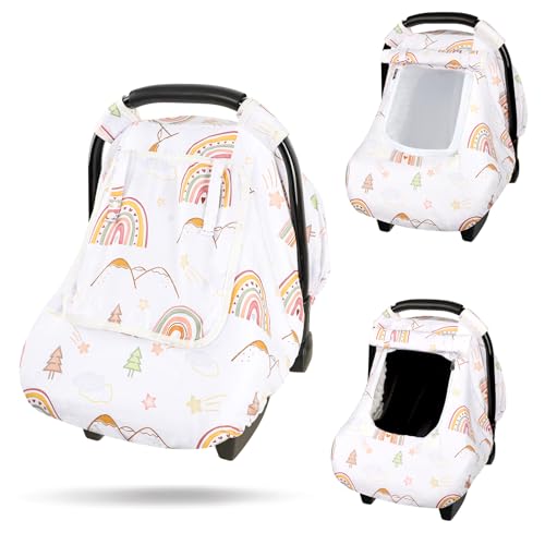 Image of Car Seat Covers for Baby, Winter Baby Car Seat Cover with Peep Mesh Window, Windproof Infant Car Seat Canopy for Girls Boys, Machine Washable, Rainbow Star