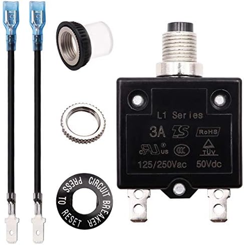 Tnisesm 3A Push Button Circuit Breaker 125/250V AC 50V DC, L1 Series Manual Reset Thermal Circuit Breaker with 19cm Wire Leads, 6.3mm Female Spade Terminals and Waterproof Button Transparent Cap