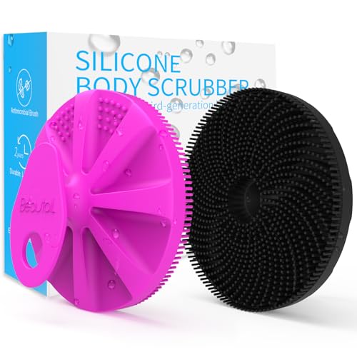 Image of BEAUTAIL Silicone Body Scrubber, Gentle Exfoliating Brush for All Skin Type | Lather Well Shower Scrubber for Body, Hygienic Silicone Loofah, Bath Essential for Women, Men & Kids. 2-Pack, Purple+Black
