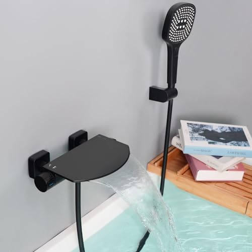 SHANFO Robinet de Baignoire avec Douchette, Mitigeur Baignoire Cascade, Mitigeur Bain Douche Mural, Laiton, Noir, 16Y3OK