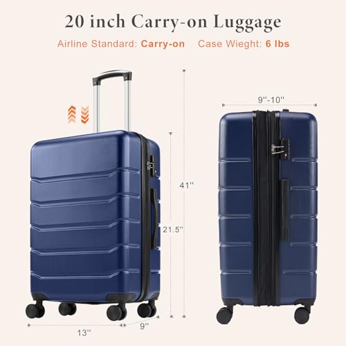 Image of Sweetcrispy 20 Inch Carry On Luggage, Lightweight ABS Rolling Hard Shell Suitcase with Quiet Spinner Wheels, Built-in TSA Lock, Portable Travel Suitcase for Business Trip & Vacation Use, Blue