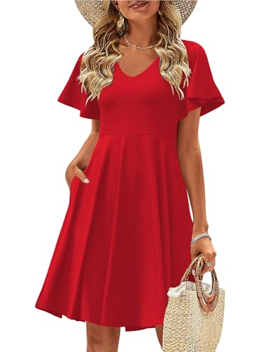 Zeagoo Summer Dresses for Women Casual Loose Short Petal Sleeves Sundress V Neck Beach Cover Up with Pockets Mini A Line Dress Red XXL