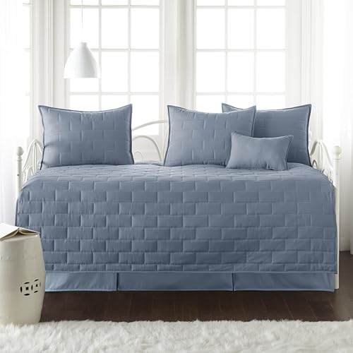 Southshore Fine Living, Inc. Twin Daybed Comforter Set, 6-Piece Twin Bedding Set with Daybed Cover, 3 Pillow Shams, Bed Skirt, Throw Pillow - Day Bed Quilt Set, Brickyard Slate Blue