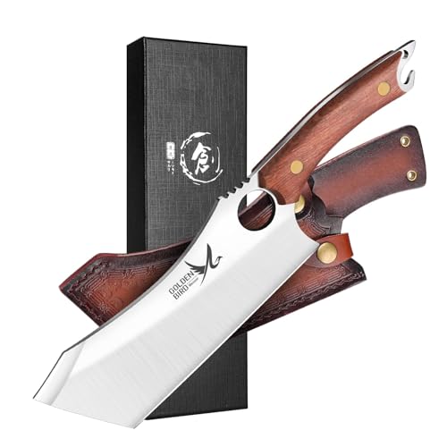 Golden Bird Hackmesser Japanisch Full Tang Kochmesser Profi Messer Geschmiedet im Feuer scharfe Küchenbeil mit Scheide Geschenkbox Flaschenöffner...