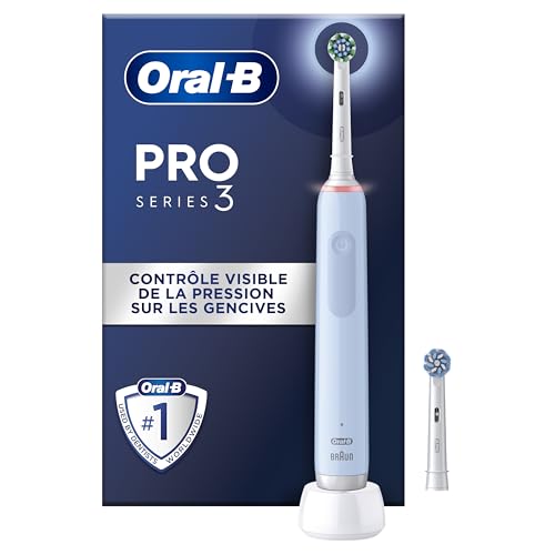 Oral-B PRO 3 3000 Electric Toothbrush, 2 CrossAction Replacement Toothbrush Heads, with 3 Cleaning Modes and Visual 360° Pressure Control for Dental Care, Gift for Men/Women, Blue