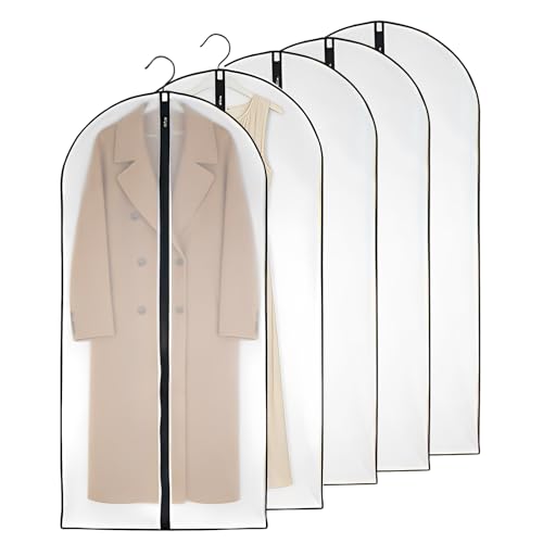 5 PCS Long Transparent Garment Bags (60cm x 140cm), Waterproof Dustproof Clothing Protectors for Dresses, Wedding Gowns, Coats & Suits, Hanging Storage Sacs
