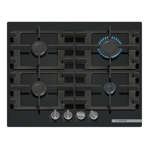 Bosch PNP6B6K40 Série 4, Plaque à gaz, 60 cm, verre trempé, grilles en fonte lavables au lave-vaisselle, noir