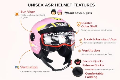 Image of ASR Junior Riders Helmet, High-Impact ABS Shell, Scratch & UV Resistant, Wide-View Visor, ISI Approved, Boys & Girls,Size-XS (Pink)