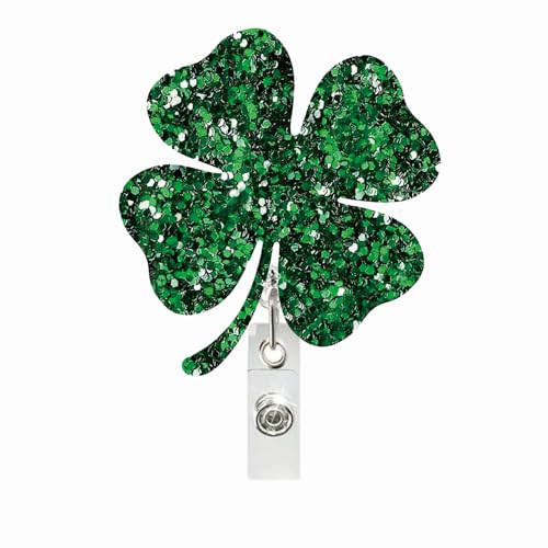 Bling Glitter St. Patrick's Day Badge Reel Green Shamrock Badge Holder with Saint Patrick Heart Badge Reel Retractable Clip, Cute Gifts for Nursing Student Medical Worker Teacher Doctor