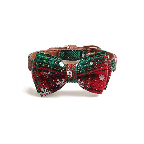 Wpond Dog Cat Collar and Bandana Set Pet Christmas Collar Classic Plaid Snowflake Adjustable Collars with Bow and Triangle Bibs Kerchief,Green Snowflake + Bandana