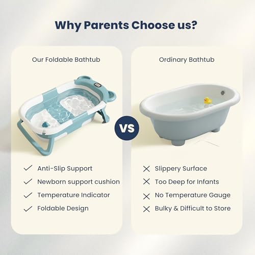 Image of TINSY Foldable Baby Bath Tub with Built-in Water Thermometer & Soft Head Support Pillow | Portable Newborn Bathtub | Anti-Slip Legs | Space-Saving Infant Bath Tub for Babies & Toddlers | Misty Blue
