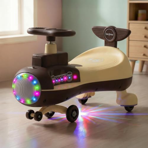 Image of Baybee Zygo Baby Swing Car for Kids with LED Lights & Music | 360 Steering Twister Push Ride On with Wide Seat, Storage & Smooth Glide | Wiggle Magic Car for Boys & Girls Aged 3+ Years (Brown)
