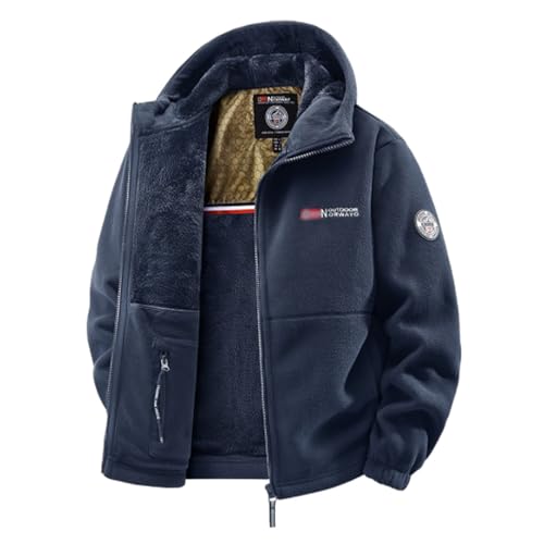 WXDTW Men’s Double-Layer Fleece Hooded Jacket, Unisex Double-Layer Padded Warm Jacket, Winter Warm Zip Up Hoodie for Hiking (Navy Blue,L)