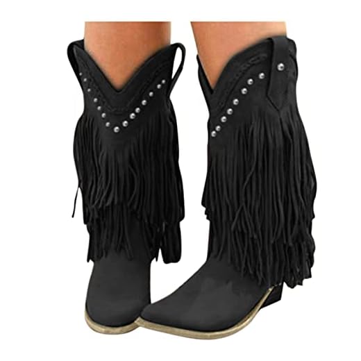 Dasongff Bottes de cowboy pour femme avec talon - Bottes à franges - Bottes hautes - Talon plat - Chaudes vintage - Bottes d'hiver - Bottes de neige - Automne - Hiver